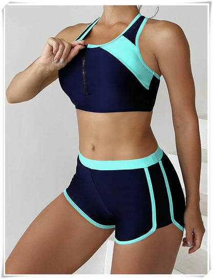 Two Piece Swimsuit Women Zipper Tankini Set High Waist Shorts Swimwear Female Bathing Swimming Suit Sports Beachwear Summer