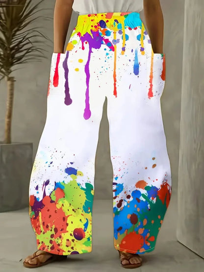 Retro Abstract Rock Print Women's Loose Casual Bloomers, Harajuku Street Trend Women's Pants, Outdoor Casual Double Pocket Pants