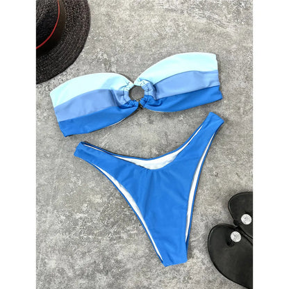 Splicing Bandeau Mid Waist Bikini Women Swimwear Female Swimsuit Two-pieces Bikini set Bather Bathing Suit Swim Lady