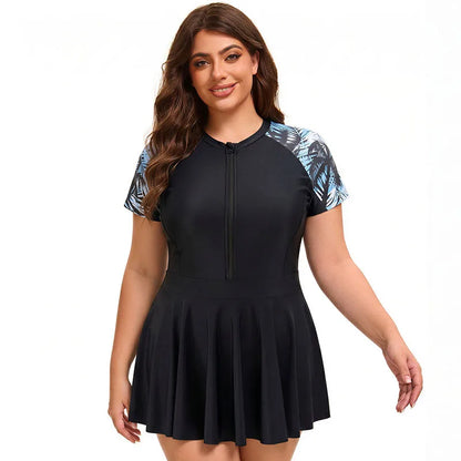 Women Plus Size One Piece Swimsuit Short Sleeve Modest Swimwear Front Zip Skirted Surf Suit UV Protection Rash Guard Swim Dress