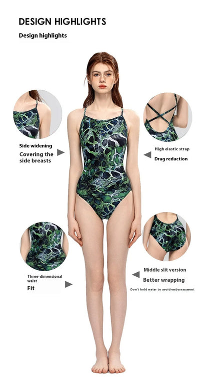 Bunny Bums Green Reptile Design One-piece Swimsuit Racing Training Swimsuit Swimwear