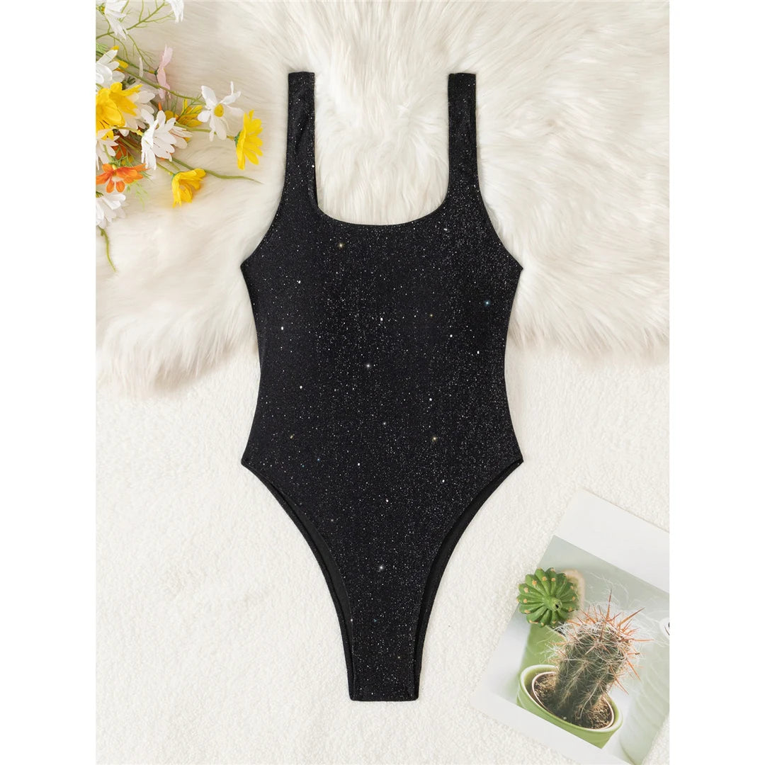 Glitter Sparkling Cut Out Backless One Piece Swimsuit Women Swimwear Female High Cut Leg Padded Bather Bathing Suit Swim