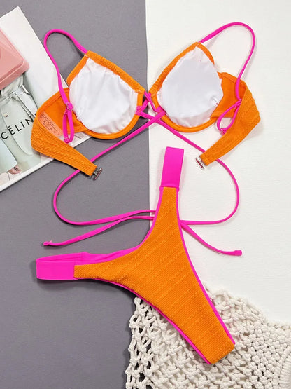 Solid Strapped Swimwear Women Cross Push Up Bikini High Cut Thong Swimsuit Lady Beach Brazilian Bathing Suit