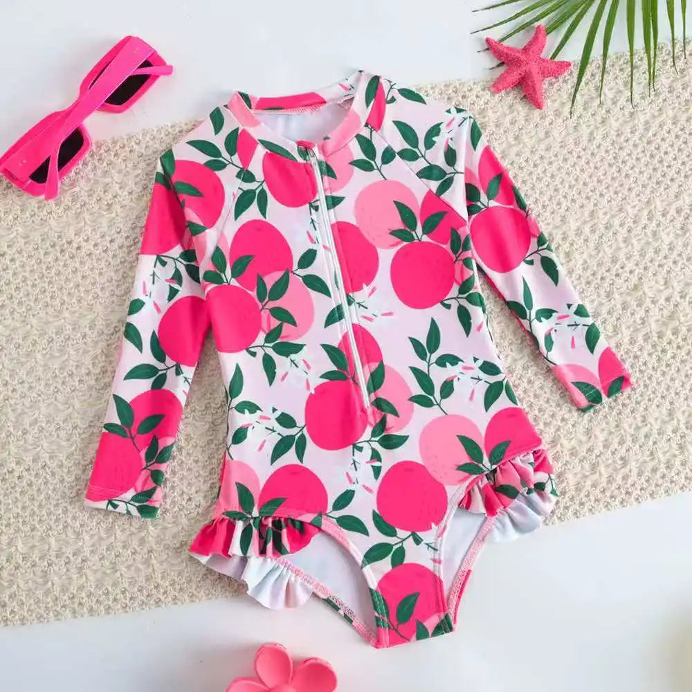 Printed Little Girls Swimsuit One Piece Long Sleeves Kids Swimwear Female Children's Bathers Bathing Swimming Swim Suit