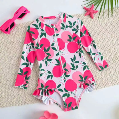 Printed Little Girls Swimsuit One Piece Long Sleeves Kids Swimwear Female Children's Bathers Bathing Swimming Swim Suit