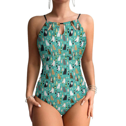 Cute Cats Swimsuit Funny Animal Swimwear One-Piece Vacation Bath Design Bodysuit Halter Bathing Suit Push Up Beachwear