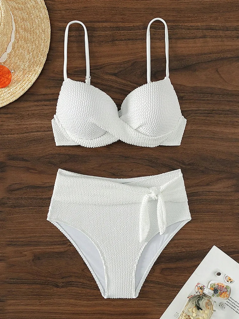 Ribbed White Strappy Bikinis High Waist Swimsuit Women Push Up Swimwear Female Bathers Bathing Swimming Suit Beachwear Summer