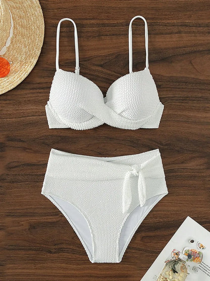 Ribbed White Strappy Bikinis High Waist Swimsuit Women Push Up Swimwear Female Bathers Bathing Swimming Suit Beachwear Summer