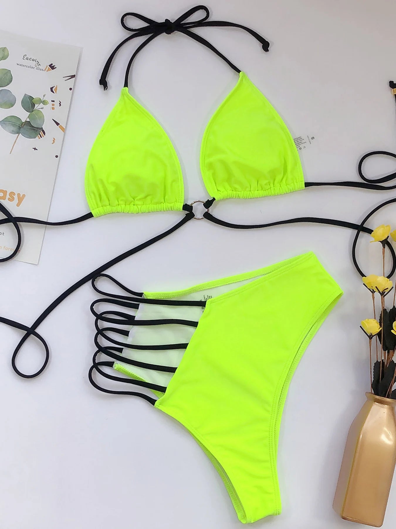 V Neck Print Hollow Bikini Set High Cut Halter Swimsuit For Women Backless Tied 2 Piece Swimwear Bathing Suit