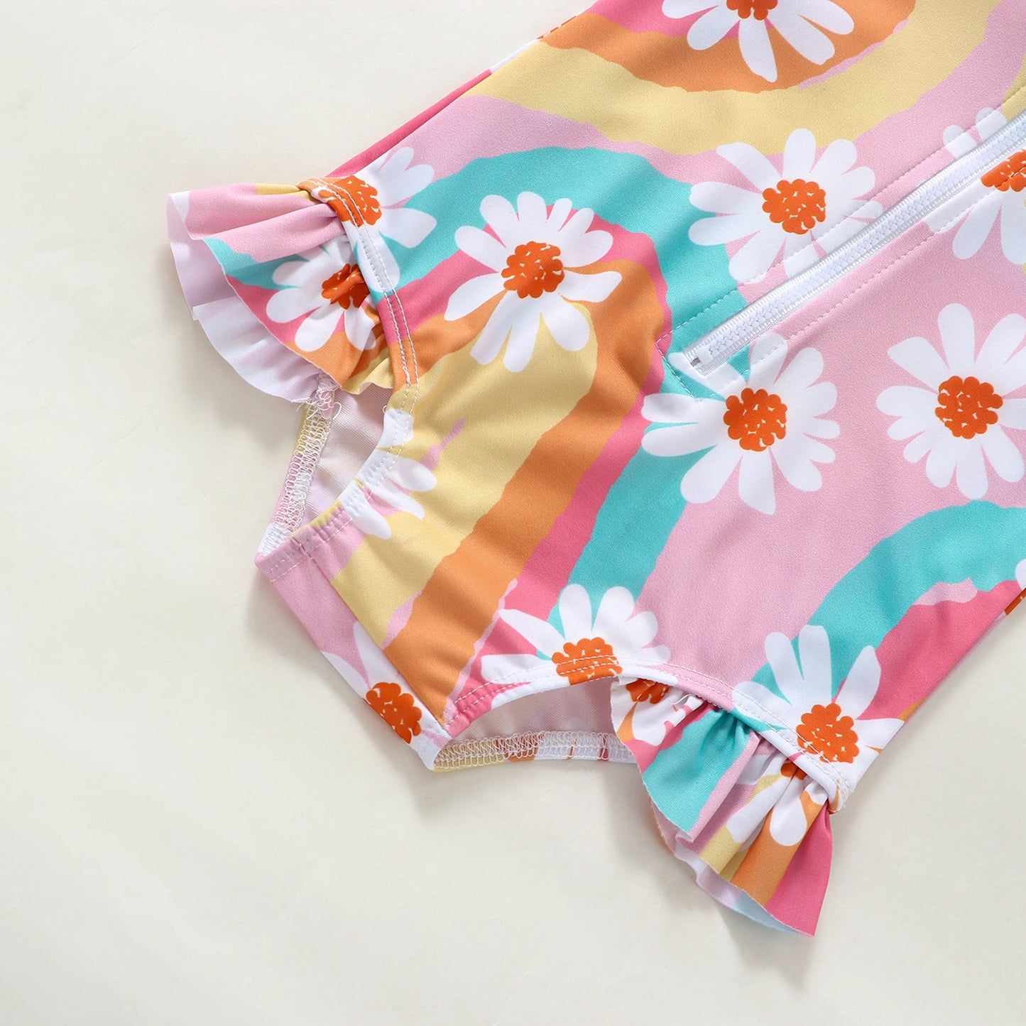 0-4Y Summer Kid Girl Romper Swimsuit 2pcs Long Sleeve Ruffles Flowers Printed Zipper Beach Swimwear + Hat