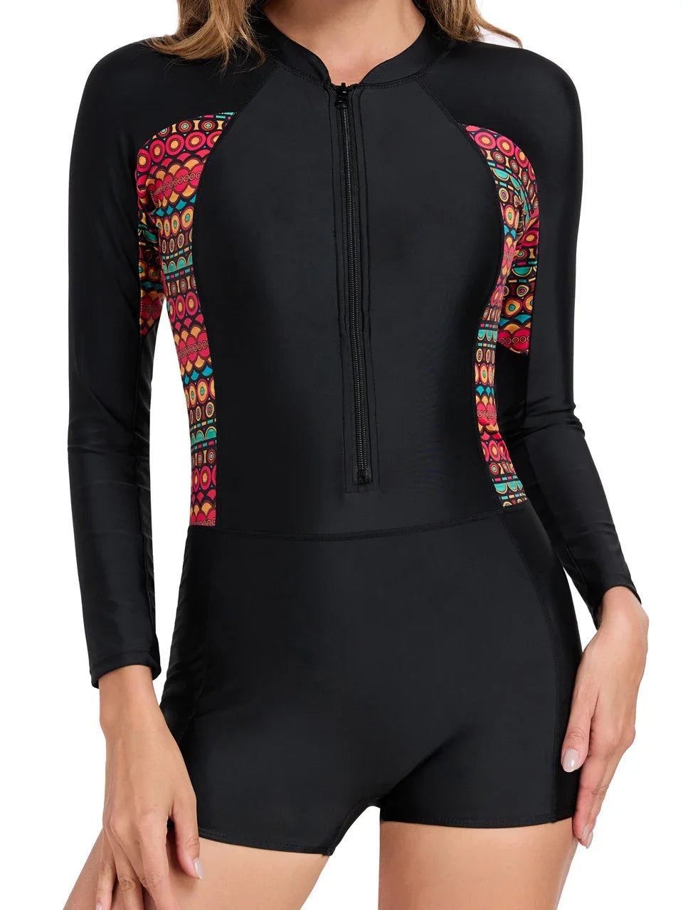 Rush Guard Long Sleeve Surfing Swimsuit Slim Women With Zipper Swimwear Female Bathers Bathing Swim Suit Printed Beachwear