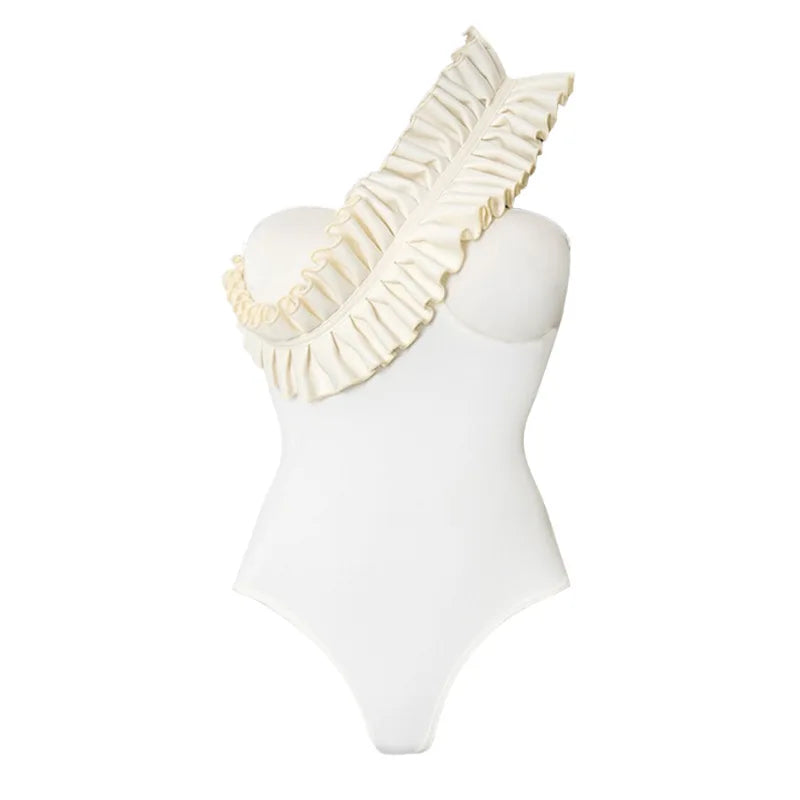 Women Monokini One-Piece Swimsuit Female Solid Bathing Suit Vacation Beachwear Ruffle Swimming Suit