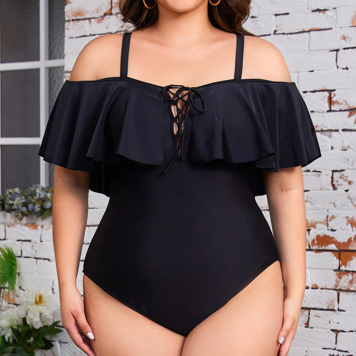 Plus Size Swimwear Women One-piece One Shoulder Solid Swimsuit Beachwear Ruffles Lace Up High Waist Bathing Suit 4XL