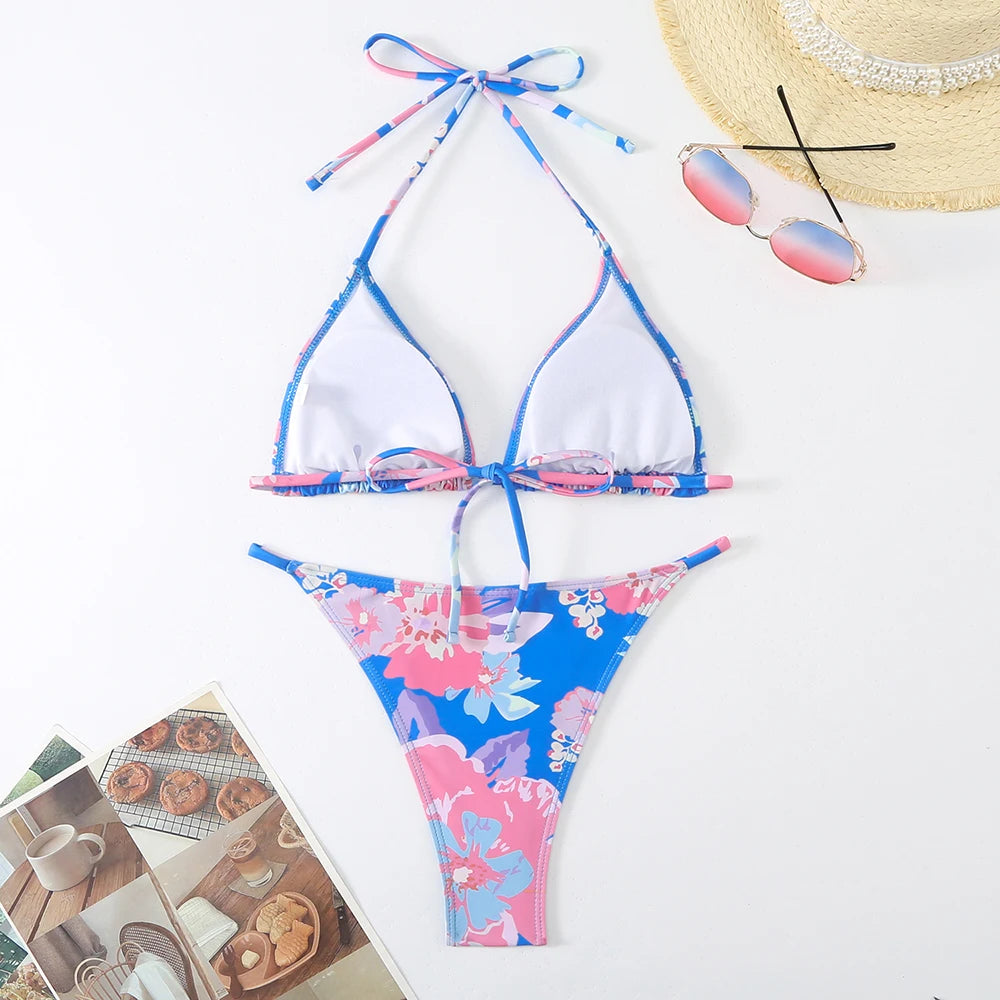 Halter Printed Bikini Women Thong Swimwear Female Triangle Swimsuit Bathers Bathing Swimming Swim Suit Beachwear Summer