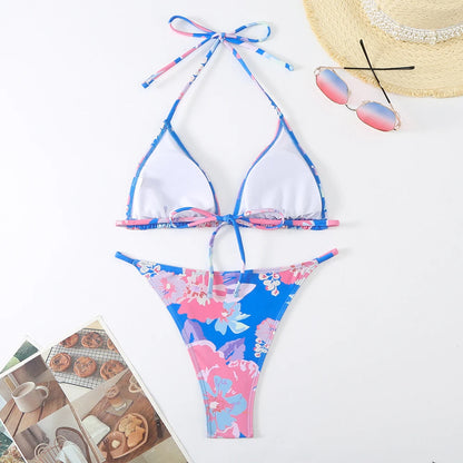 Halter Printed Bikini Women Thong Swimwear Female Triangle Swimsuit Bathers Bathing Swimming Swim Suit Beachwear Summer