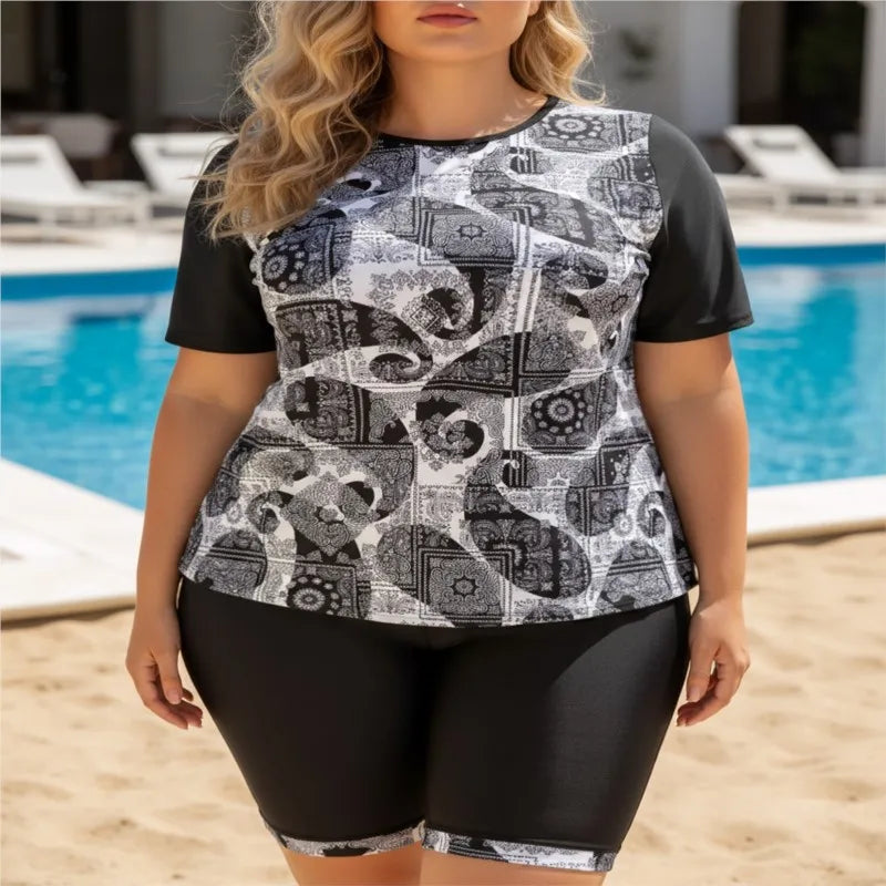 XL-5XL Plus Size Tankini Rash Guard Short Sleeve Women's Push Up Large Size 5XL Swimsuit Summer Tummy Control Swimwear Bikini Sets