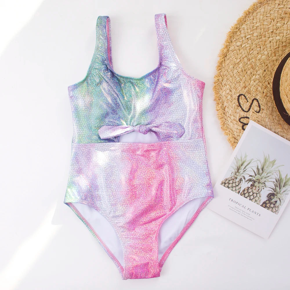 Shinning Print Summer Bow Deco Kids Girls One Piece Swimwear Swimsuit Kid Child Teen Girl Outdoor Beach Swimsuit Monokini