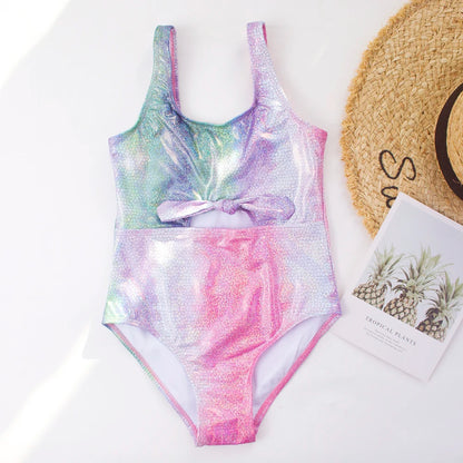 Shinning Print Summer Bow Deco Kids Girls One Piece Swimwear Swimsuit Kid Child Teen Girl Outdoor Beach Swimsuit Monokini