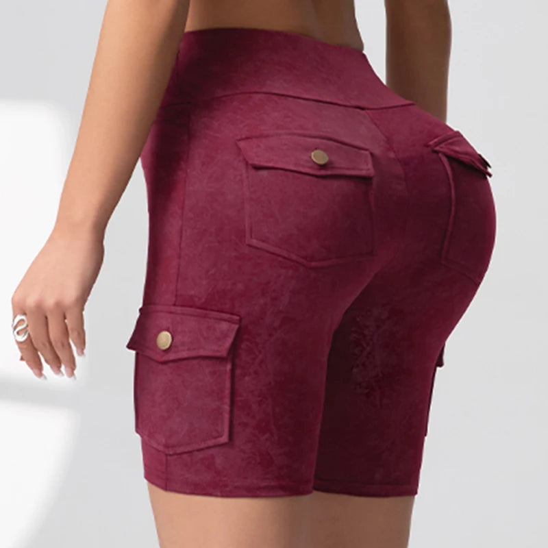 Women Washed Print Work Pocket Yoga Shorts Butt Lifting Workout  Tights Sport Push Up 5-Port Pants Elastic Slim Sportswear