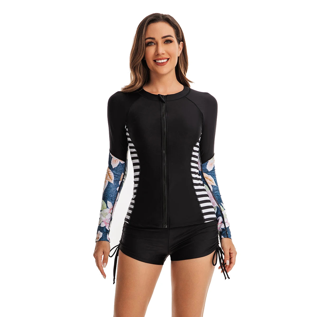 Women's Two Piece Long Sleeve Bathing Suits UV Protection Rash Guard Surfing Swimsuit Print Tankini Set Zip Padded Shirt+Shorts