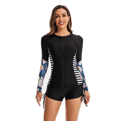 Women's Two Piece Long Sleeve Bathing Suits UV Protection Rash Guard Surfing Swimsuit Print Tankini Set Zip Padded Shirt+Shorts