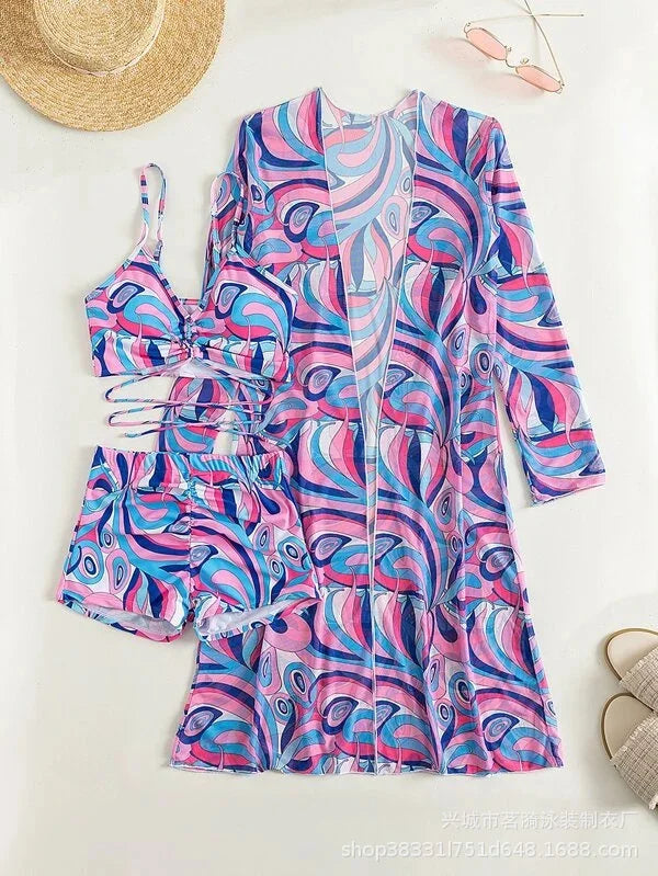 Summer Print Bikinis Swimwear Female Swimsuit Beachwear Push Up Three-Piece Bikini Set Women Swimming Bathing Suit