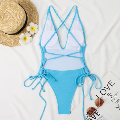 Solid Swimwear Women Strapped Push Up One Piece Swimsuit Beach Lady Monokini Cross Backless Bathing Suit