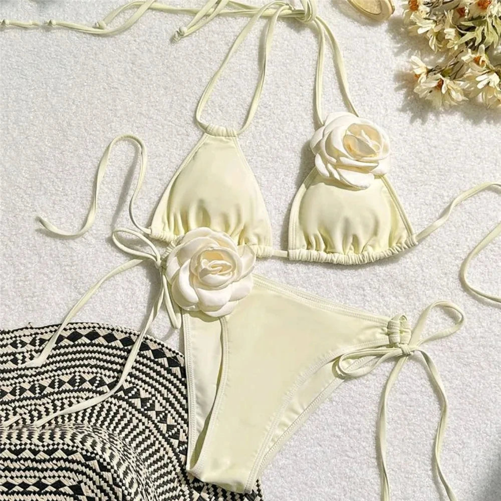 Flower Bandeau Swimwear Thong Bikini Women Lace-up Swimsuits Swimming Bathing Suit Brazilian Bikinis Set