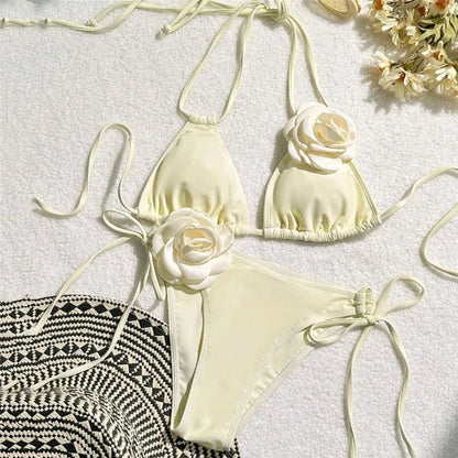 Flower Bandeau Swimwear Thong Bikini Women Lace-up Swimsuits Swimming Bathing Suit Brazilian Bikinis Set
