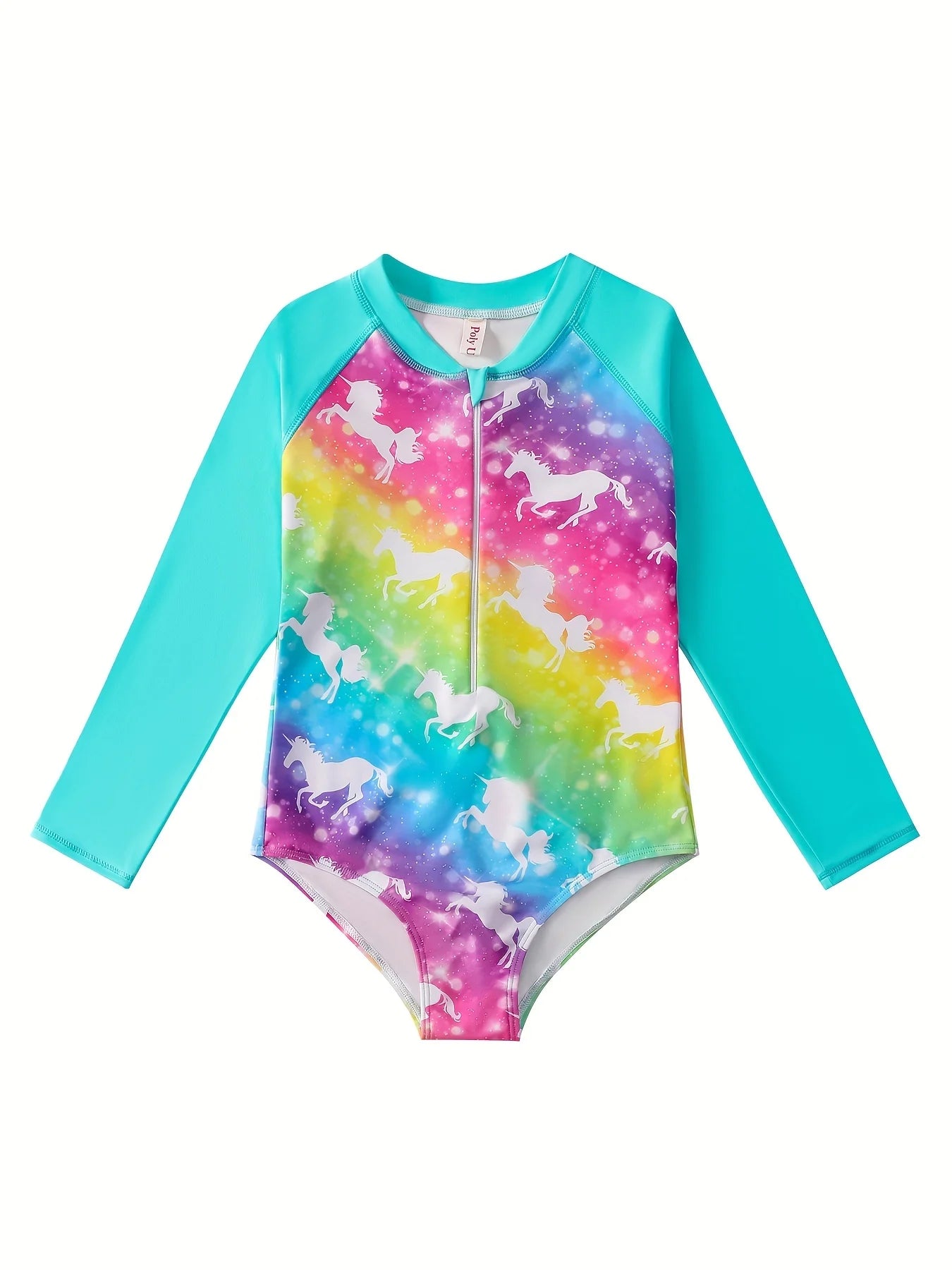 Girls Swimsuit, One-Piece Long Sleeve Swimwear, Rainbow Color with Horse Print, Beach Pool Style, Kids Swim Rash Guard, Summer
