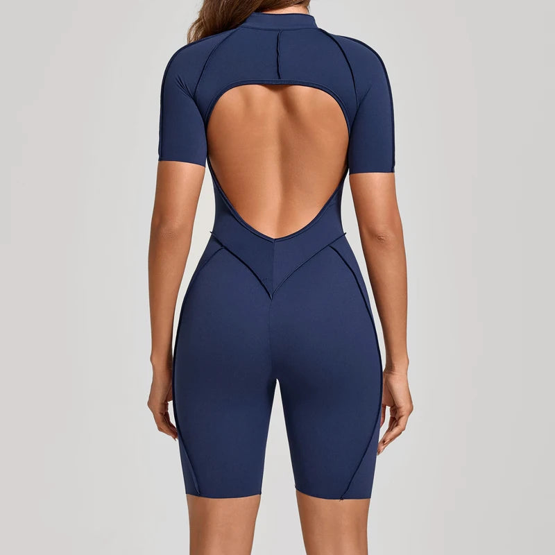 Women's Short-Sleeve Zip-Front Open-Back Workout Playsuit