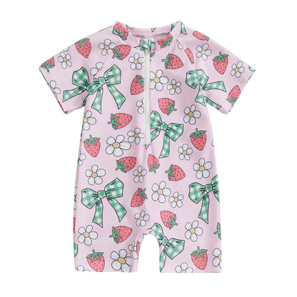 0-3Years Baby Boy Girl Rash Guard Swimsuits Fashion Print Short Sleeve Zip Up Rompers Bathing Suit Toddlers Swimwears Beachwear