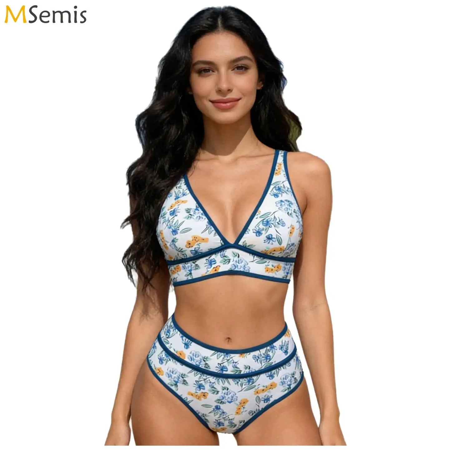 Women's Two Piece Printed Bikini Swimsuit Sets Two Pieces Swimwear V Neck High Waisted Color Block Sports Swimming Bathing Suit