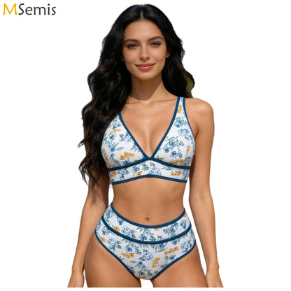 Women's Two Piece Printed Bikini Swimsuit Sets Two Pieces Swimwear V Neck High Waisted Color Block Sports Swimming Bathing Suit