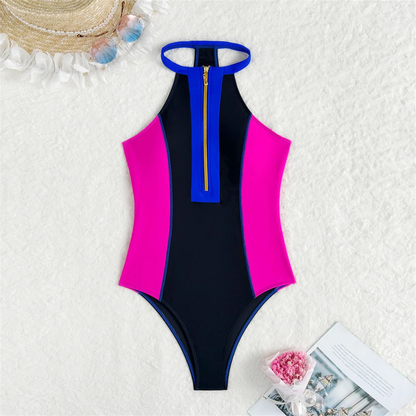 Summer Women Sleeveless Zipper Front One-Piece Swimsuit Surfing Suit Swimwear