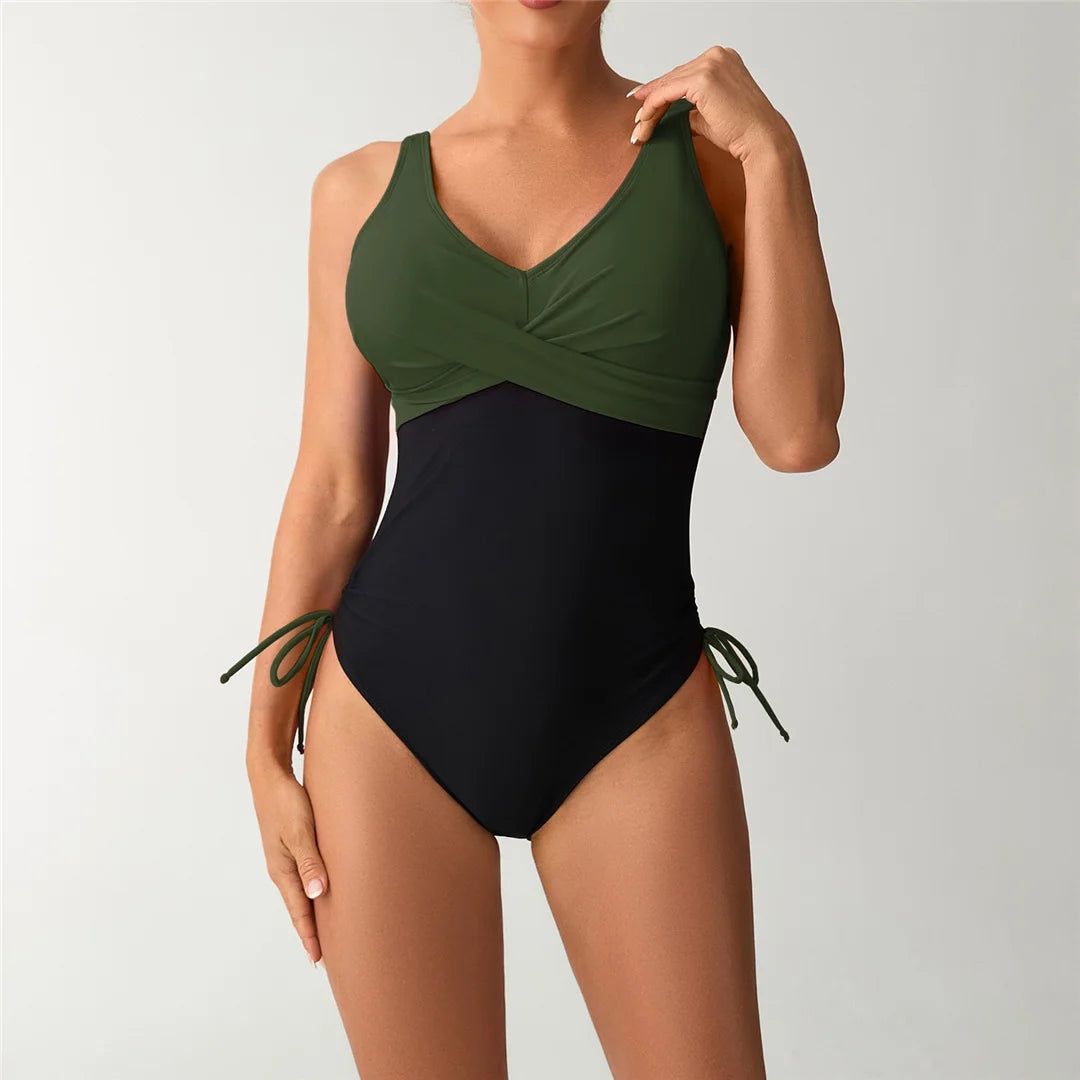S - XXL Splicing V Neck Backless Women Swimwear One Piece Swimsuit Female High Leg Cut Padded Bather Bathing Suit Swim
