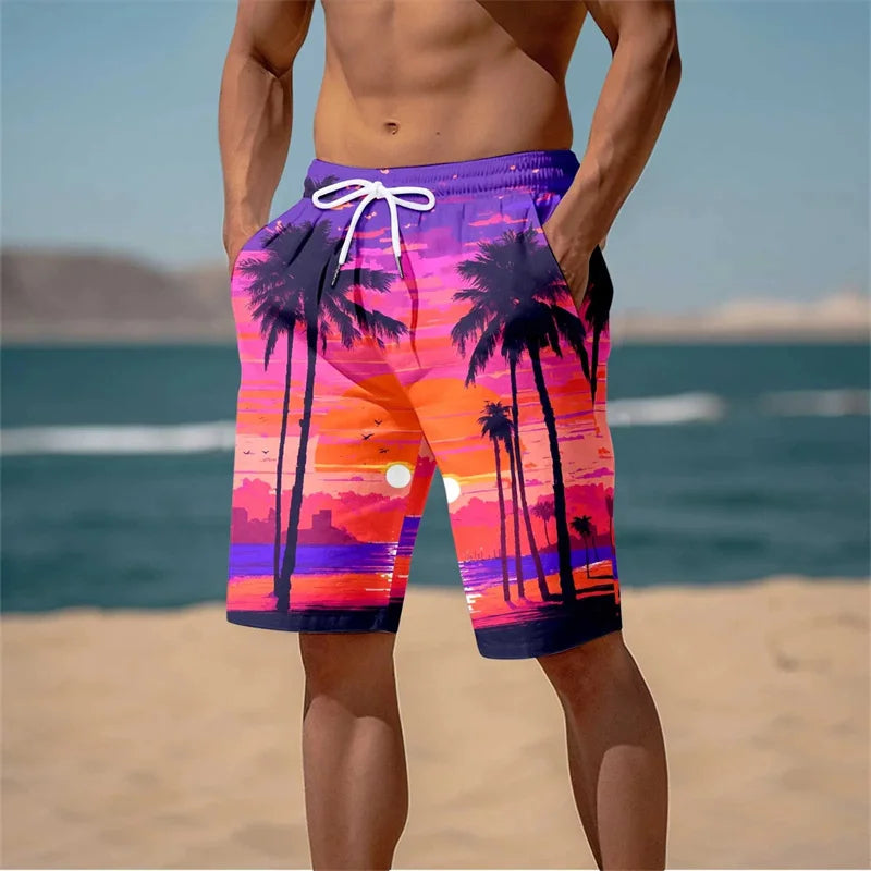 Harajuku 3D Cocoanut Trees Printing Beach Shorts Palm Tree Graphic Board Shorts For Men Hawaiian Cool Swimming Trunks