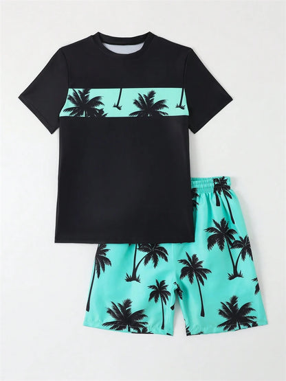 Boy Kids Swimsuit Solid Coconut Tree Print Children Swimwear Summer Two Piece Beach Shorts Beach Bathing Suit Swimming