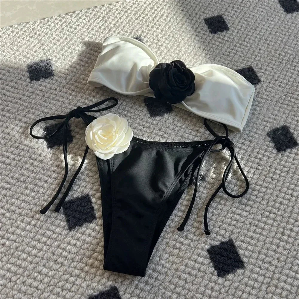 Flower Bandeau Swimwear Thong Bikini Women Lace-up Swimsuits Swimming Bathing Suit Brazilian Bikinis Set