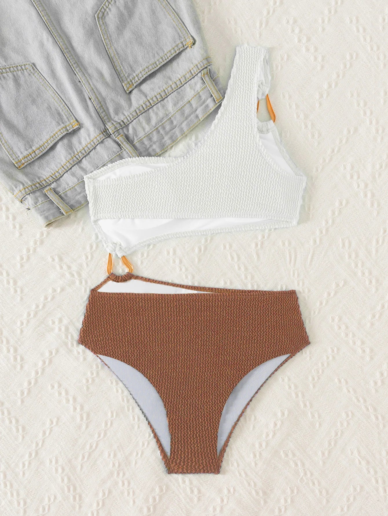 Vintage White Black Patchwork Swimwear Women One Shoulder Hollow Out Backless Bikini Style Beach Bathing Suit One Piece Swimsuit