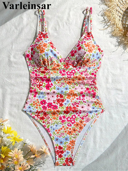 S - XL Floral Flower Printed V Neck One Piece Swimsuit Women Swimwear Female High Cut Leg Padded Bather Bathing Suit Swim