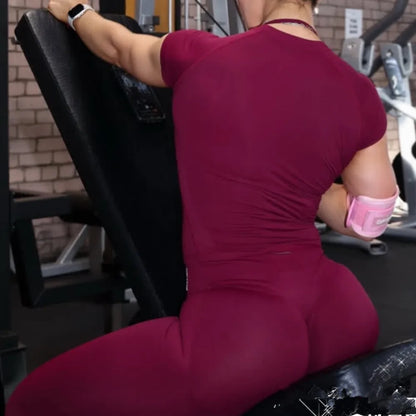2PCS D-impact Women Short Sleeve Yoga Set High Waist Scrunch Workout Pant T-Shirt Fitness Gym Sculpting Legging Activewear