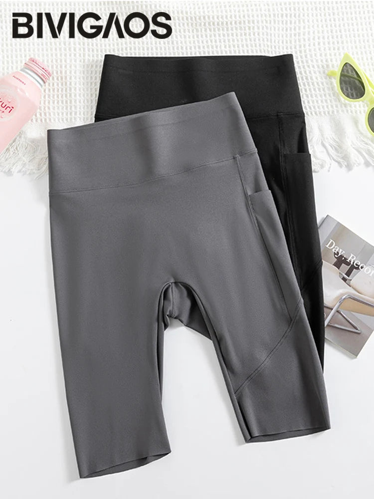 Side Pocket Biker Sharkskin Shorts Leggings Women Summer High Waist Thin Slim Skinny Yoga Running Sport Cycling Shorts