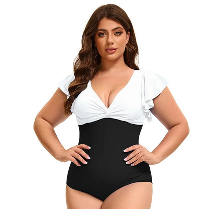 Swimsuit Plus Size Color Block One-Piece Swimsuit with Flounce Sleeves Swimwear XL-5XL