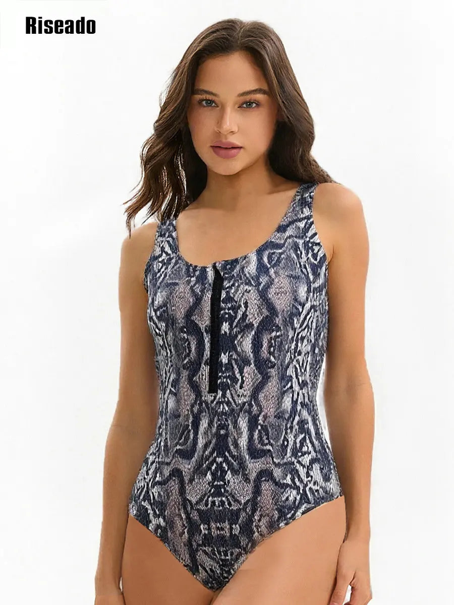 Women's One Piece Swimsuit Snake Skin Print Bathing Suits Zip Front Sleeveless Swimwear Pool-beach Clothes