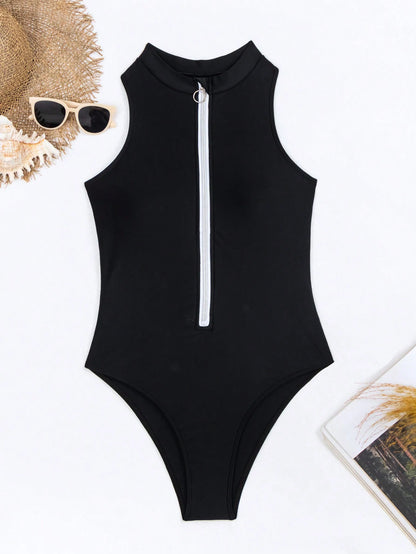 Zipper One Piece Swimsuits Closed Women's Solid Swimwear Sports Swimming Wear Body Bathing Suits Beachwear Pool Bather