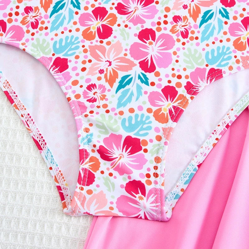 Girls Swimsuit One Piece With Beach Skirt Floral Printed Kids Swimwear Pink Children Swimming Bathing Swim Suit Beachwear