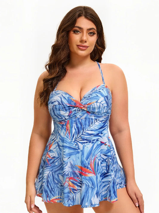 Women's Plus Size Tropical Print Skirted Two-Piece Swimsuit - Halter Top & Boyleg Bottom, Flattering Beach Swimwear for Vacation