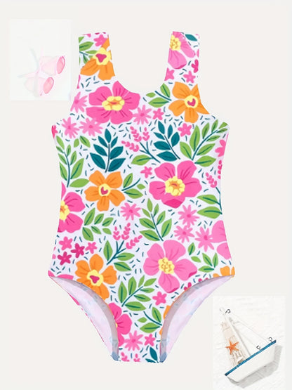 Children's One-piece Swimsuit | Cute Floral Print | Polyester Halter Design | Elastic and Comfortable Chest Pad