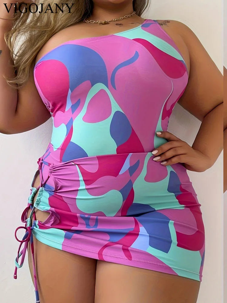 Print 2 Piece Pink Swirl Design Plus Size Swimwear Women One-shoulder Large One Piece Swimsuit Brazilian Bathing Suit